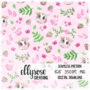 Puede incluir: Un patrón sin costuras con vacas de dibujos animados, fresas, mariposas y elementos florales sobre un fondo rosa. El diseño incluye batidos rosas y marrones, hojas y flores. También está presente el texto "ellyrose CREATIONS".