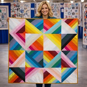 May include: A colorful quilt with a geometric design. The quilt features a patchwork of squares with diagonal stripes in shades of pink, orange, yellow, green, and blue. The quilt is framed with a gold border.