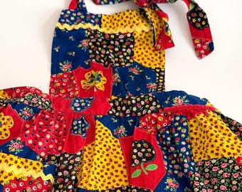 Vintage Patchwork Print Apron With Yellow Rick Rack Trim Cottagecore Floral Kitchen Apron