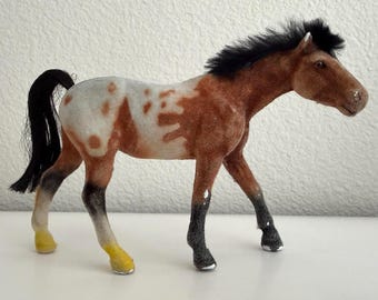 Vintage Flocked Appaloosa Horse Figure Fuzzy Toy Pony Brown White Black Mane Farm Ranch Decor