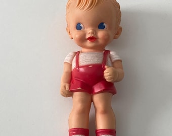 Vintage Ruth E Newton Sun Rubber Boy Doll 8” Red Outfit Squeak Toy USA