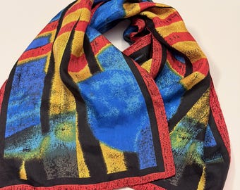 Vintage Elaine Gold Silk Scarf Made in Japan, Colorful Abstract Geometric Print, Red Blue Yellow Long Scarf