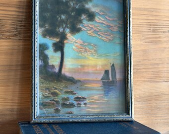 Off New England Shores Vintage Framed Sailboat Print Blue Gold Frame Coastal Seascape Wall Decor