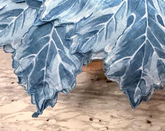 Vintage Blue Leaf Handkerchief, Scalloped Edge Botanical Hankie, Wedding Accessory (15 Inch Square)