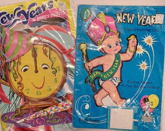 Vintage New Years Decorations, Beistle Baby New Year Centerpiece & Eureka Party Prints, Paper Decor in Original Packaging