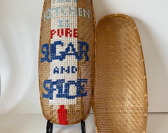 Vintage Handwoven Basket with Lid: Embroidered "Sugar and Spice" Folk Art Storage Tray