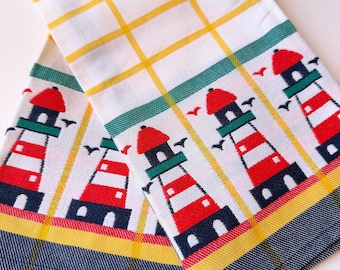 Vintage Lighthouse Kitchen Towels: Jacquard Woven Cotton Nautical Coastal Linens