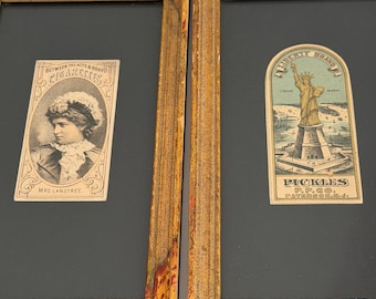 Pair of Antique Victorian Trade Cards in Vintage Frames Mrs Langtry Cigarettes Liberty Brand Pickles Advertising Ephemera