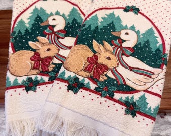 Vintage Cannon Christmas Kitchen Towels Set of 2, Goose & Bunny Holiday Design, Fringed Country Cottage Towels, Made in USA