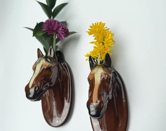 Pair Vintage Ceramic Horse Head Wall Pockets Brown Bay Horse Wall Vase Planters Equestrian Decor