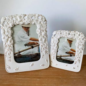 Vintage Ceramic Floral Picture Frames (5x7 & 3.5x5), Off-White Gold Accents