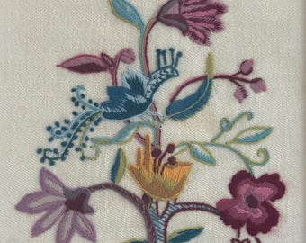 One of a Kind Vintage Crewel Embroidery Framed Folk Art Floral Wool Textile Antique Blanket Provenance 1967