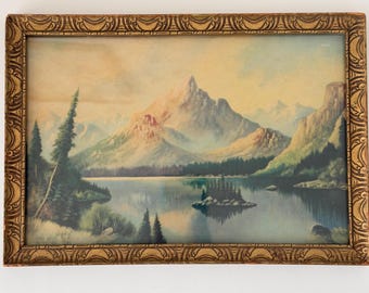 Vintage Mountain Lake Landscape Print in Ornate Gold Frame Rustic Cabin Wall Art Western Landscape Decor Framed Nature Print