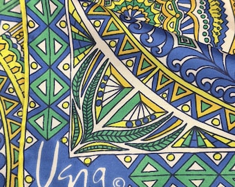 Vintage Vera Neumann Scarf, Blue Green Yellow Geometric Medallion Print, 26 Inch Square Polyester Scarf, Made in Japan