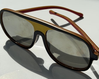 Vintage Japan Mirrored Sunglasses Square Aviator Sport Frame Striped Laminated Acetate Statement Shades