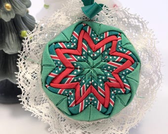 Handmade Folded Star Christmas Ornament, Red and Green Quilted Fabric Ball with Lace Trim, Cottage Holiday Decor