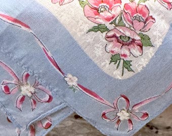 Vintage Blue Floral Cotton Handkerchief, Pink Flowers & Ribbon Bows, Something Old Something Blue Bridal Hankie, 11 Inch