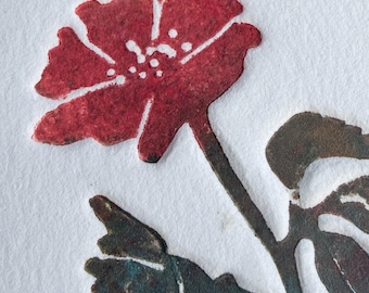 King Kuka Signed Floral Print, Embossed Handmade Paper, Blackfeet Artist, Red Flowers, Matted 9x14