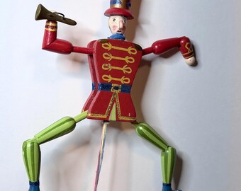 Hand Painted Wooden Jumping Jack Soldier Ornament, Pull String Trumpeter, Colorful Christmas Tree Decoration