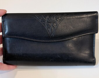 Vintage Rolfs Black Leather Wallet, Embossed Floral Clutch, Gold Tone Kisslock