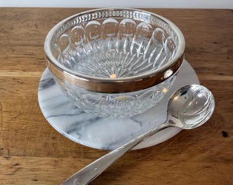Vintage Leonard Crystal Sauce Bowl & Silverplate Spoon, Italian Serving Set No. 351, Silver Rim Bowl, Traditional Tableware