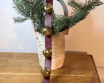 Vintage MBS Smucker Brass Sleigh Bells Door Hanger, Red Leather Strap, 4 Heavyweight Jingle Bells, 17 Inch Christmas Decor