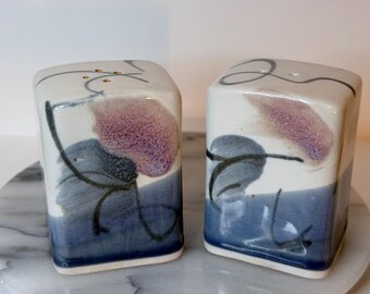 Jerry Pollari Salt and Pepper Shakers, Northwest Studio Pottery Pair, Blue Mauve Abstract Ceramic Tableware