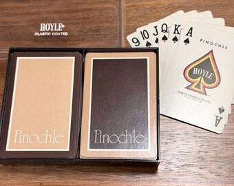 Vintage Hoyle Pinochle Cards in Case, Two Complete Decks, Brown & Tan Retro Playing Cards, Plastic Coated Card Game Set