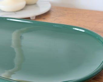 Vintage Waechtersbach Green Serving Platter, Made in Spain, 13 x 8 Inch Oval Ceramic Tray