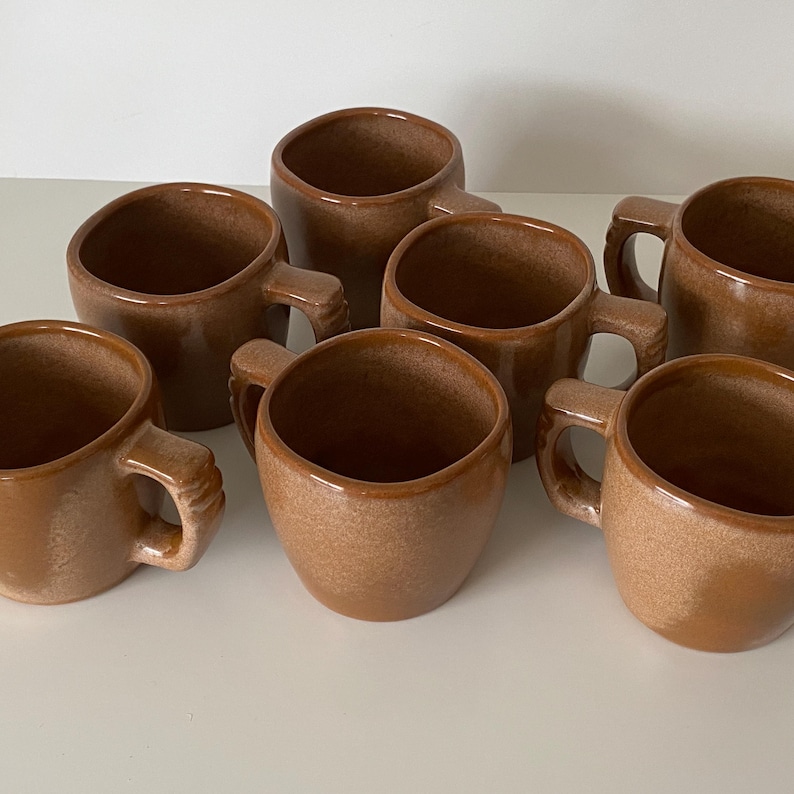 Pode incluir: Um conjunto de seis canecas de cer&acirc;mica castanha com um acabamento liso e salpicado. Cada caneca apresenta um corpo arredondado e uma pega robusta com estrias subtis. As canecas est&atilde;o dispostas em grupo, exibindo cor e design uniformes.