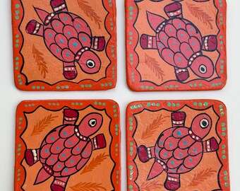 Hand Painted Turtle Coasters Set of 4 Madhubani Folk Art Papier Mache Style Orange Red Boho Coasters