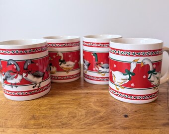 Vintage 1980s Christmas Goose Mugs Set of 4, Country Geese Holiday Coffee Cups, Red Holiday Bands with Holly, Cottagecore Grannycore