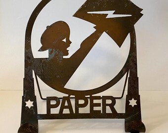 Art Deco Newspaper Stand Vintage Metal Holder Rustic Patina Paper Rack Mid Century Decor Industrial Magazine Holder