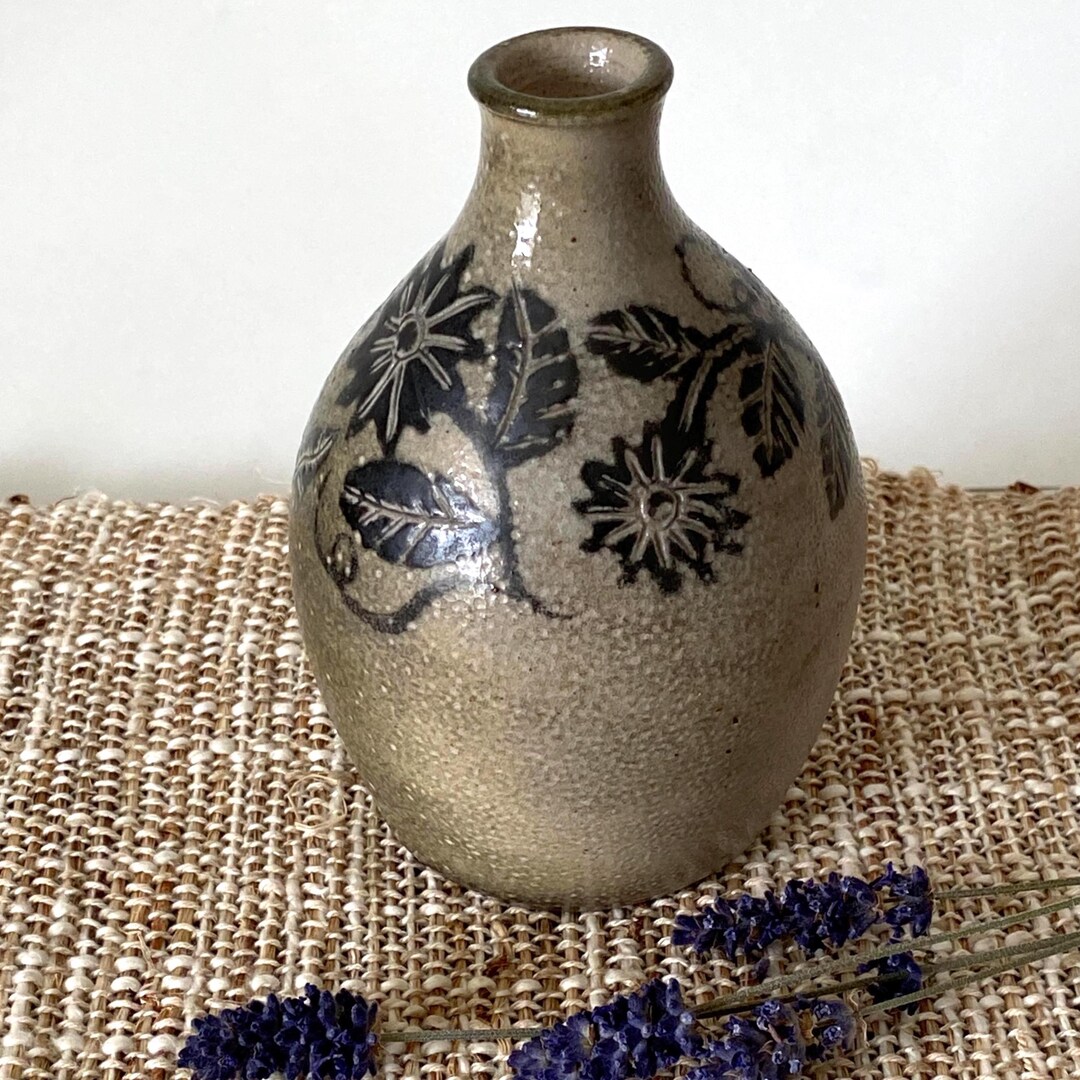 Vintage Studio Pottery Bud Vase Signed Stoneware Floral Etched Mini ...