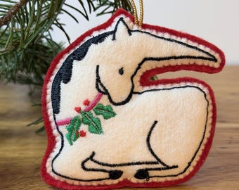 Vintage Felt Unicorn Christmas Ornament, Embroidered Holly, Red & White Handmade Philippine Holiday Decoration