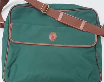 Ralph Lauren Messenger Bag Green Canvas Brown Trim Polo Logo Crossbody Promo Bag