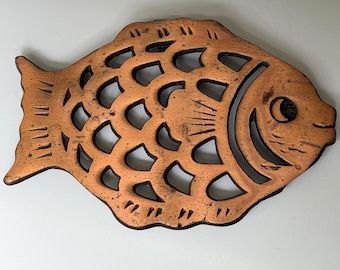 Vintage Fish Trivet Wall Hanging Copper Tone Metal Kitchen Decor Coastal Fish Hot Plate
