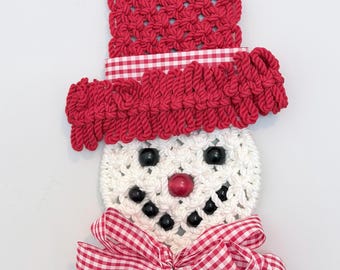 Macrame Snowman Wall Hanging, Red Top Hat and Gingham Bow, Christmas Wall Decor, Country Cottage Holiday Decoration