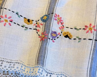 Vintage Striped Linen Towel, Hand-Embroidered Flowers, Lace Trim, Cottage Decor
