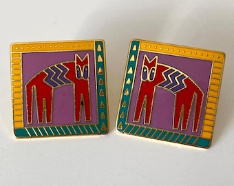 Vintage Laurel Burch Cat Earrings Hieroglyphic Enamel Gold Tone Vintage Post Back Egyptian Style