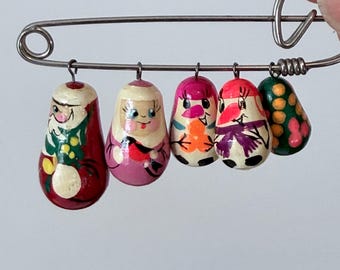 Vintage Russian Doll Christmas Brooch, Hand-Painted Wood Santa & Snowman Charms Matryoshka Style