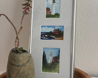 Original Mini Watercolor Lighthouse Paintings Set of 5 Framed Coastal Nautical Wall Art