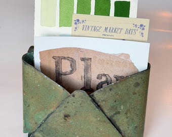 Vintage Metal Envelope Mail Holder Desk Organizer Verdigris Patina Letter Sorter Rustic Office Decor
