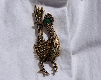 Gold Tone Roadrunner Brooch Vintage Embassador Bird Pin Green Cabochon Southwest Style