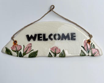 Vintage Floral Welcome Sign Made in Alaska Ceramic Pink Flowers Wall Hanging 10 x 4