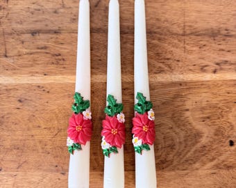 Floral Christmas Taper Candles Set of 3, Ivory Candles with Raised Red Flowers and Holly, Traditional Holiday Table Decor