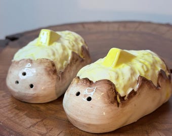 Vintage Baked Potato Salt and Pepper Shakers, Ceramic Butter Topped Potatoes, Made in Japan, Retro Kitchen Decor