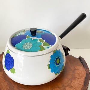 Vintage Enamel Fondue Pot: Blue Floral Scandinavian Mid Century Modern Cookware
