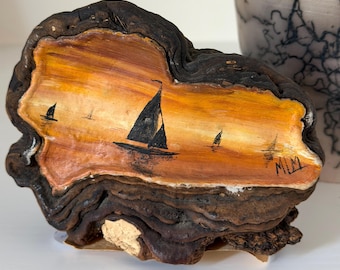 Vintage Conk Mushroom Painting, Sailboat Seascape, Signed Folk Art Decor