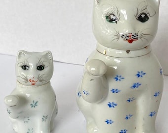 Vintage Maneki Neko Cat Teapot Creamer Set: Blue Floral Ceramic Lucky Cats